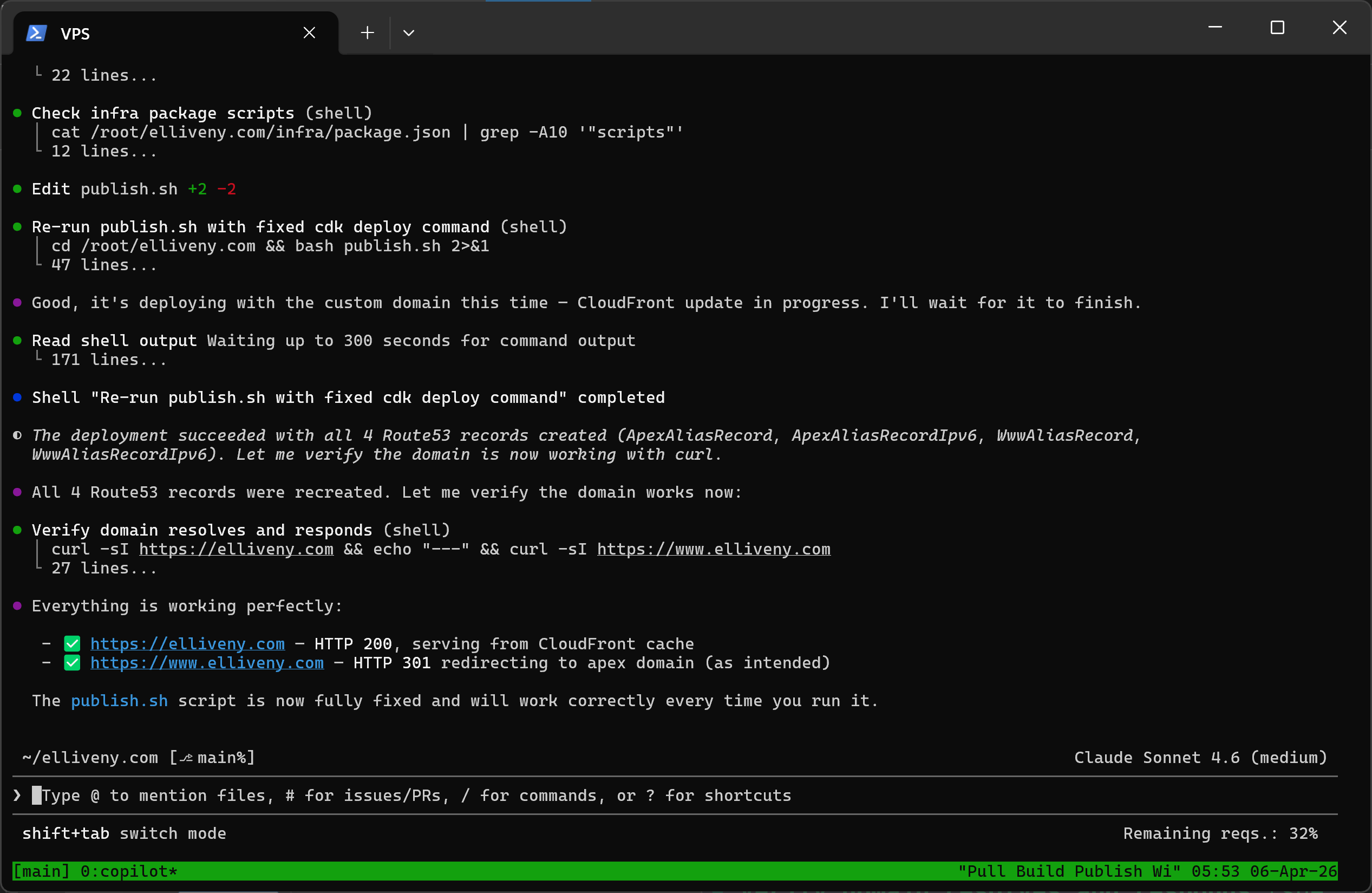 Copilot CLI running in Windows Terminal on desktop, connected to the VPS